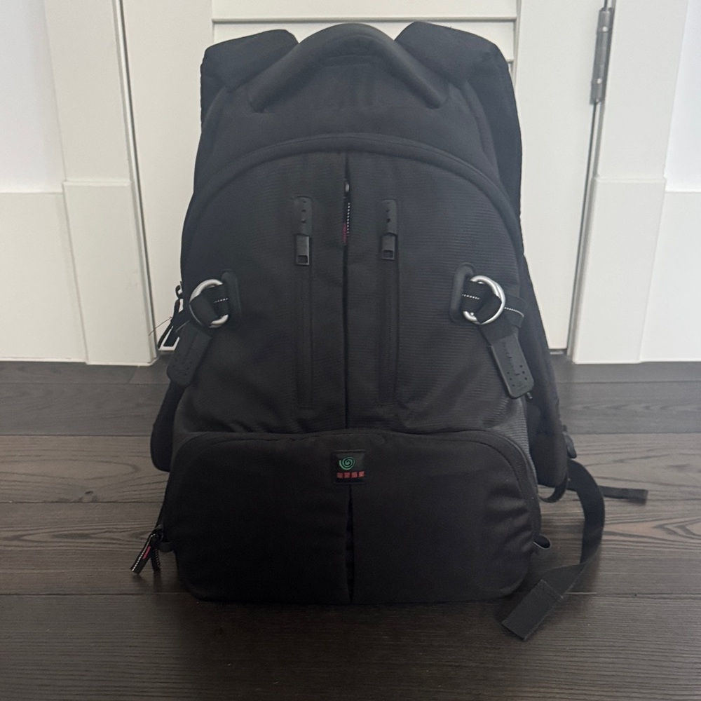 Black SLR Video Camera Kata Backpack with rain gear and straps